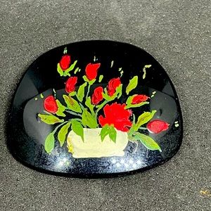 VTG BLACK PORCELAIN/GLASS HAND PAINTED ROSES IN A VASE PIN/BROOCH